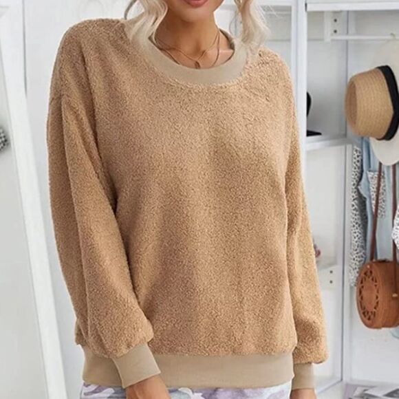 NEW Beige Long Sleeve Fleece Pullover Sweater Top - Picture 6 of 9
